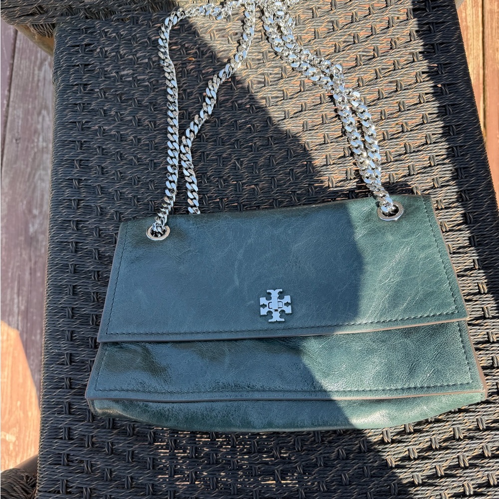 Tory Burch Kira Forest Green Leather Chain-Handle Shoulder Bag
